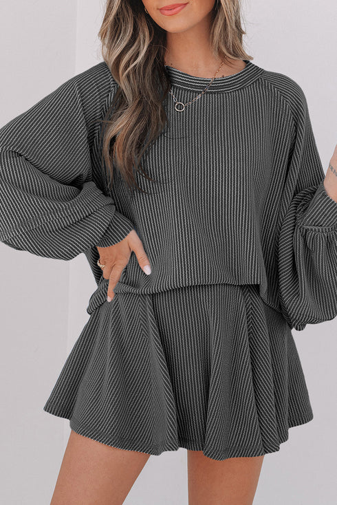 Corded Lantern Sleeve Top Ruffled Mini Skirt Two Piece Dress